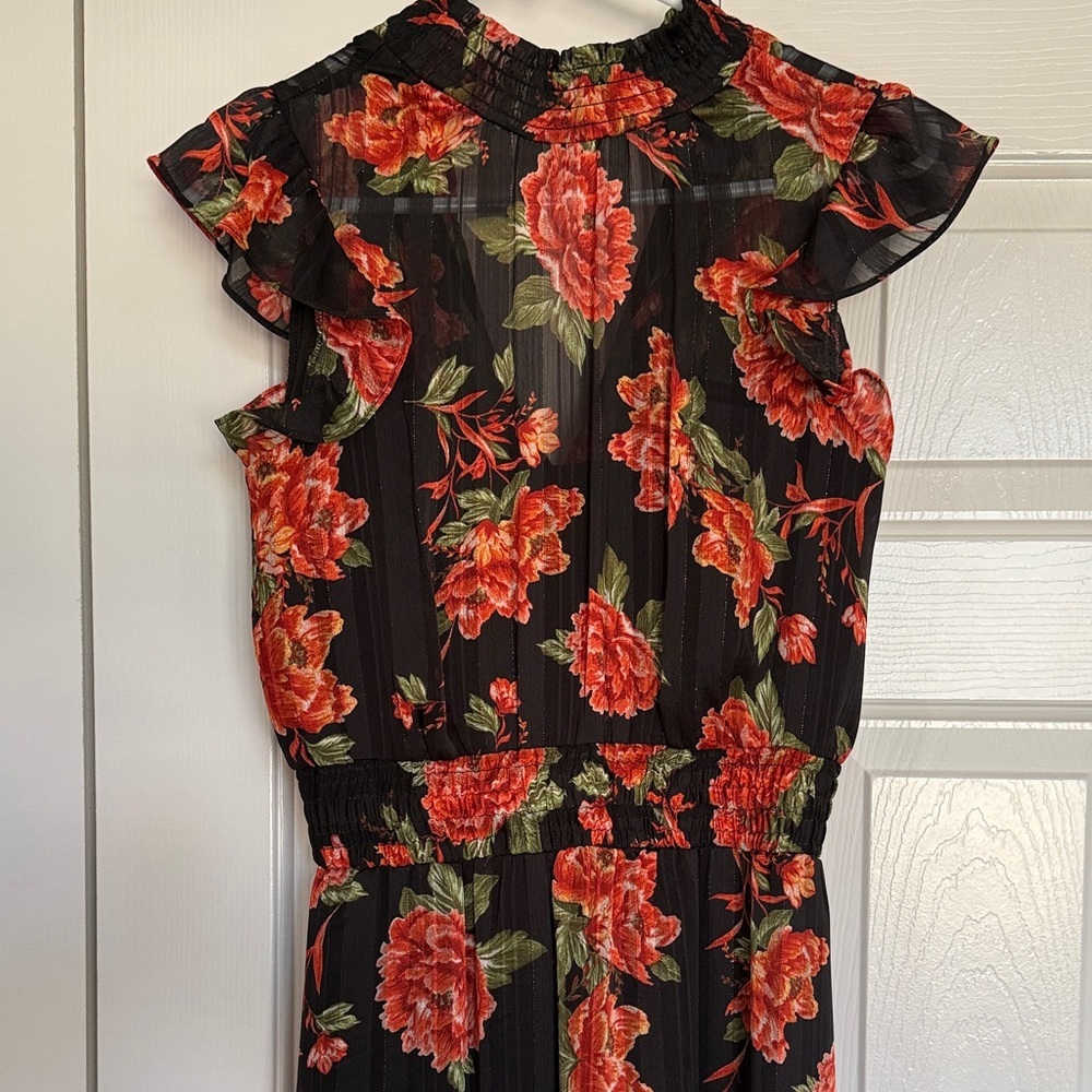 Black Floral Maxi Dress Smocked Waist Ruffle Romantic Wedding Guest Sz 0 - Picture 7 of 10
